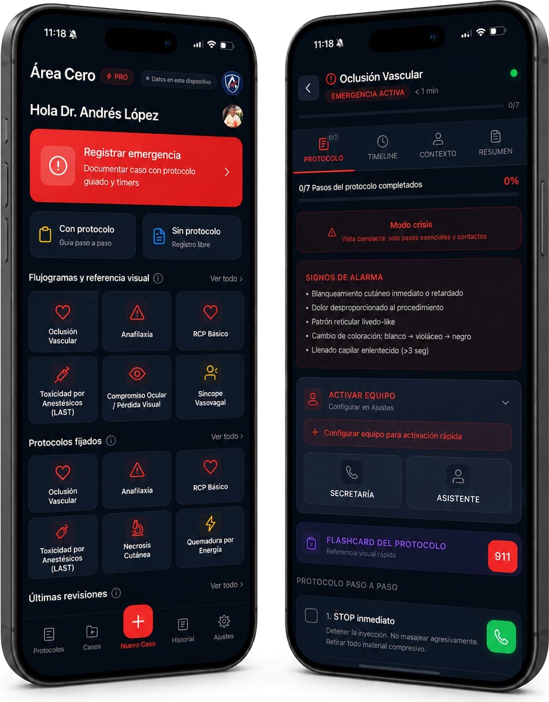 Actual app screens: home and the Vascular Occlusion protocol