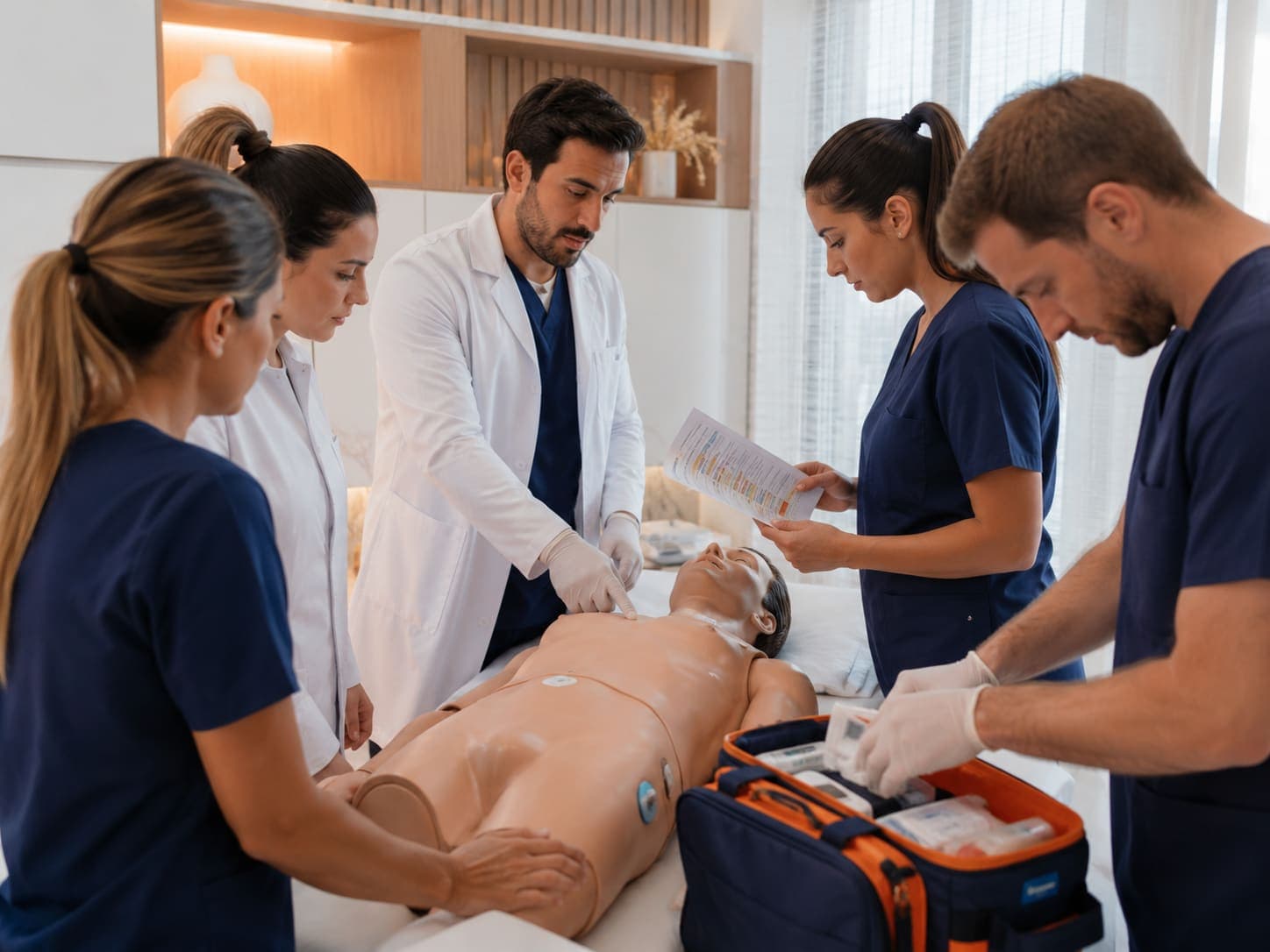 Medical team practicing emergency response during a manikin training session